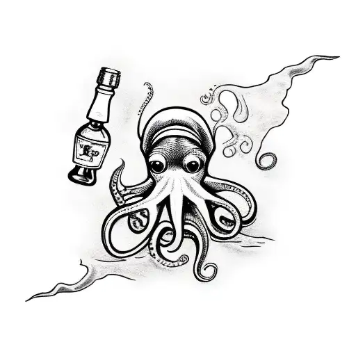 octopus holding a bottle of rum tattoo design idea