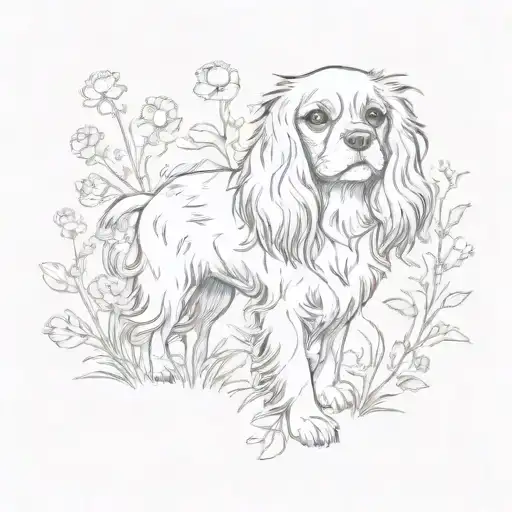 A sketch-style tattoo of a Cavalier King Charles spaniel playing in a field of wildflowers, capturing the essence of nature and beauty tattoo design idea