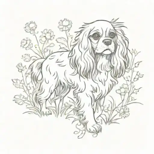 A sketch-style tattoo of a Cavalier King Charles spaniel playing in a field of wildflowers, capturing the essence of nature and beauty tattoo design idea