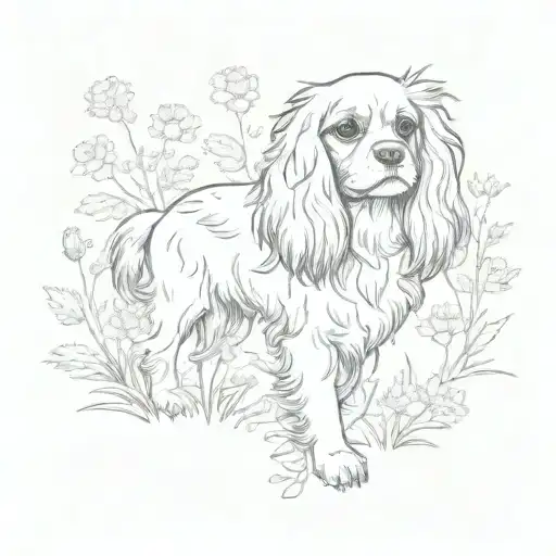 A sketch-style tattoo of a Cavalier King Charles spaniel playing in a field of wildflowers, capturing the essence of nature and beauty tattoo design idea