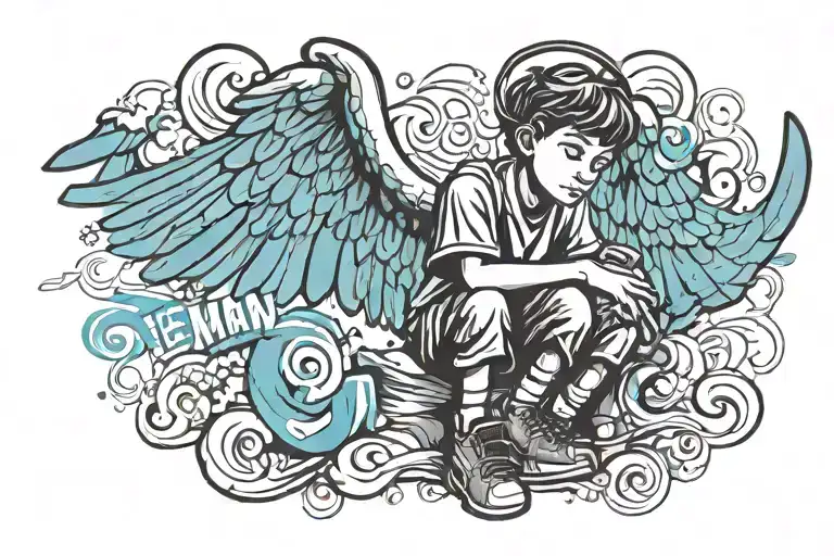bible verse clear letters and verse Jeremiah 20:11 graffiti style with a boy angel with wings smiling sitting  tattoo design idea