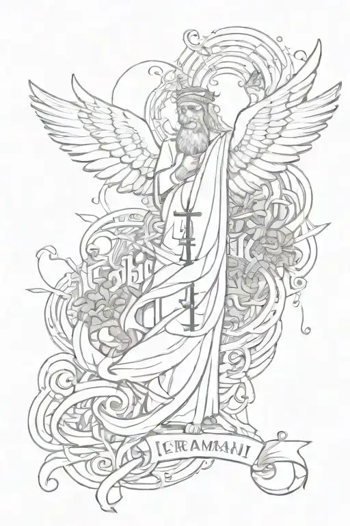 bible verse Jeremiah 20:11 graffiti style with angelic forces surrounding the writting  tattoo design idea