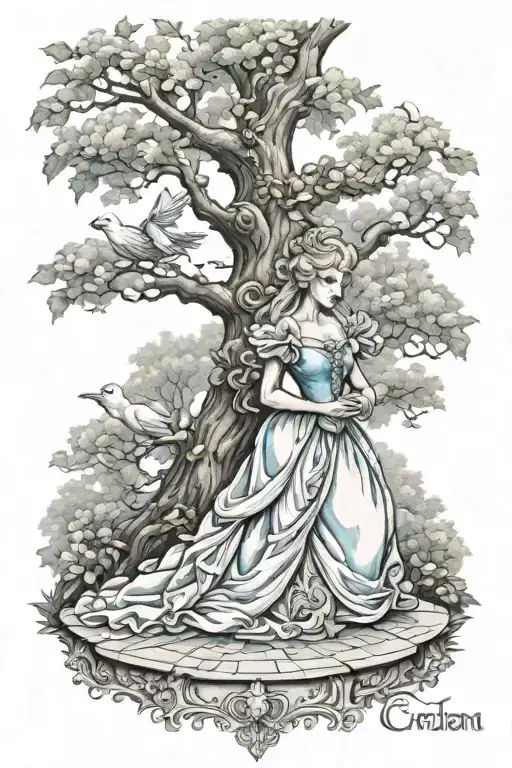 brother's grimm Cinderella at tree getting adorned in gown by doves tattoo design idea