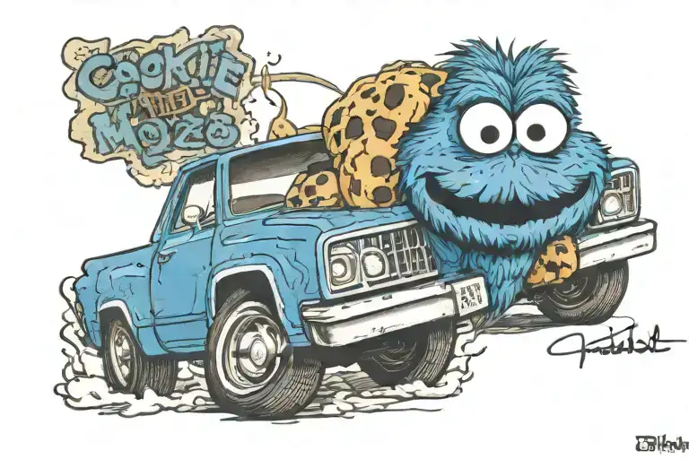 Cookie Monster in a 1975 malibu classic with the year 1988 written tattoo design idea