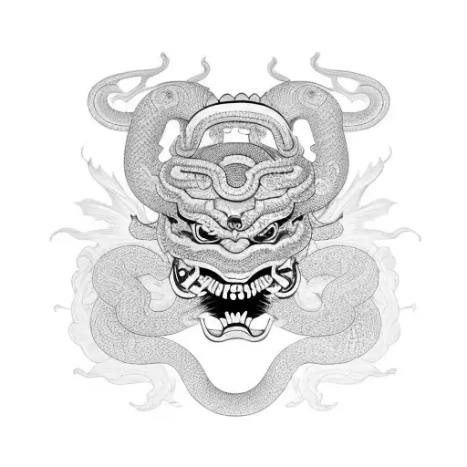 Original Hannya mask with snake representing new horizons tattoo design idea