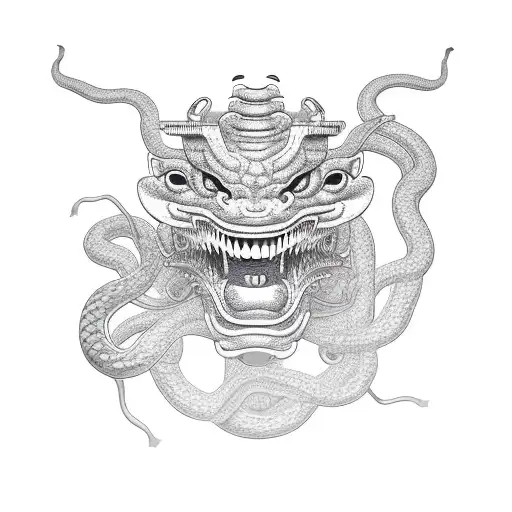 Original Hannya mask with snake representing new horizons tattoo design idea