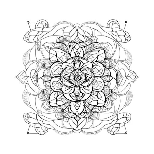 A symmetrical design featuring intricate floral patterns intertwined with geometric shapes tattoo design idea