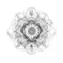 A symmetrical design of a blooming flower intertwined with geometric shapes and nature elements tattoo design idea