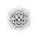A symmetrical design of a blooming flower intertwined with geometric shapes and nature elements tattoo design idea