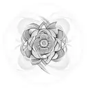 A symmetrical design of a blooming flower intertwined with geometric shapes and nature elements tattoo design idea