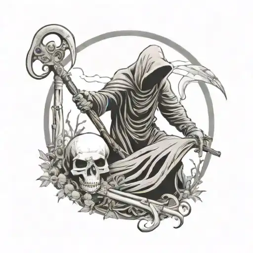 reaper in cemetery holding a scythe and a skull in other hand tattoo design idea
