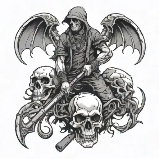 reapet holding a scythe and skull wearing ropes in front of him is a pile of skulls. backround is cemetery tattoo design idea
