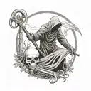 reaper in cemetery holding a scythe and a skull in other hand tattoo design idea
