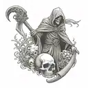 reaper in cemetery holding a scythe and a skull in other hand tattoo design idea