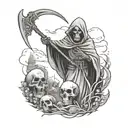 reaper in cemetery holding a scythe and a skull in other hand tattoo design idea