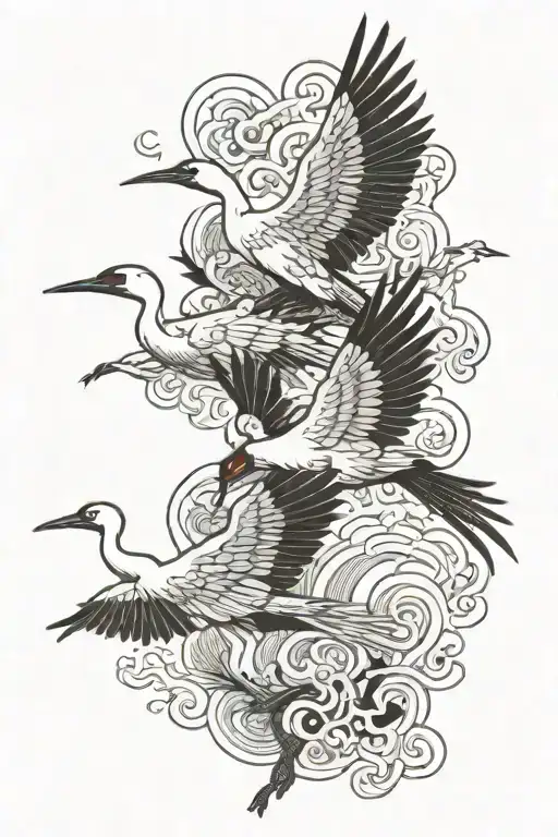 Japanese cranes flying with red tattoo design idea