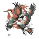 Japanese cranes flying with red tattoo design idea