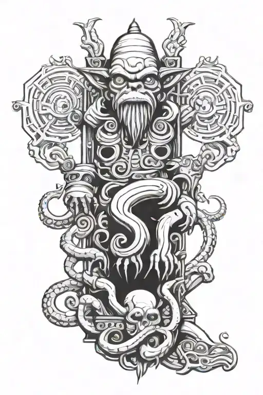 bigfoot, octopuss, and alien totem pole intertwined tattoo design idea