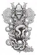 bigfoot, octopuss, and alien totem pole intertwined tattoo design idea
