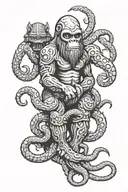bigfoot, octopuss, and alien totem pole intertwined tattoo design idea