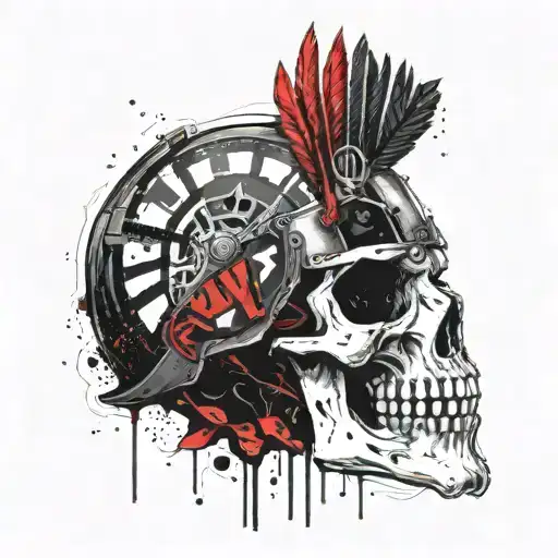 Raven Raven's Hall The skull of a centurion in a helmet Teeth in the form of fangs in the style of thrash polka tattoo design idea