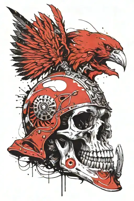 Raven Raven's Hall The skull of a centurion in a helmet Teeth in the form of fangs in the style of thrash polka tattoo design idea