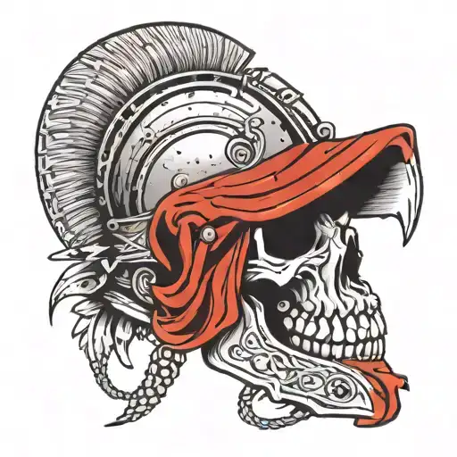 Raven Raven's Hall The skull of a centurion in a helmet Teeth in the form of fangs in the style of thrash polka tattoo design idea