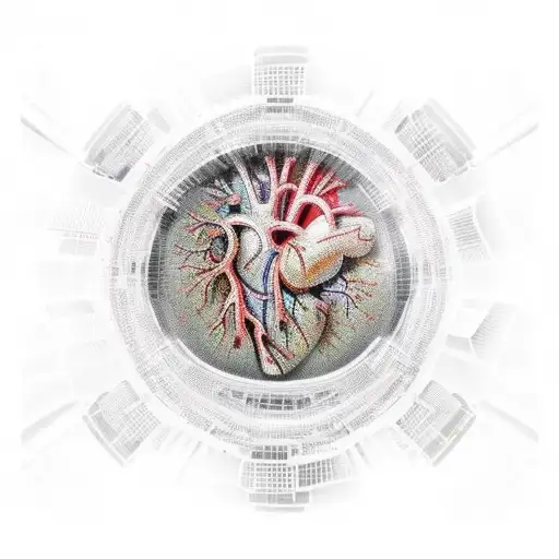 A human heart inside a metal dome, with windows of acrilic cracked. fixed in wall of muscle. Many tech chips and wires i tattoo design idea