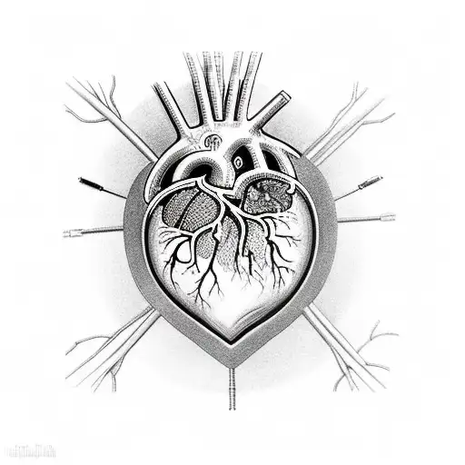 A human heart inside a metal dome, with windows of acrilic cracked. fixed in wall of muscle. Many tech chips and wires i tattoo design idea