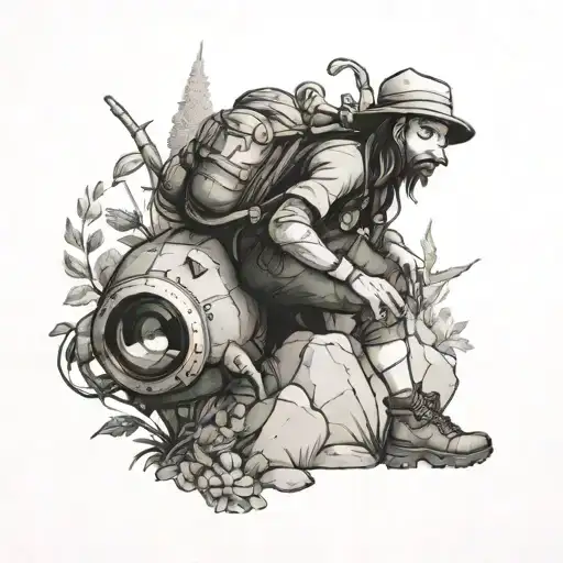 A detailed tattoo of a Becci the explorer discovering a hidden treasure in the wilderness tattoo design idea