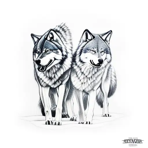 2 adult wolves caring for 2 pups  tattoo design idea
