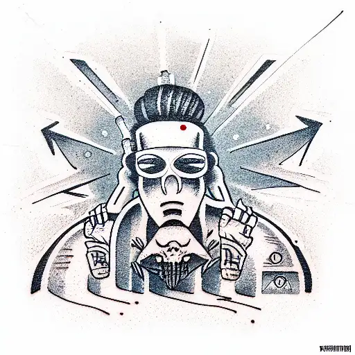 cybort man in a desolate city, on his forehead he has a red eye tattoo design idea