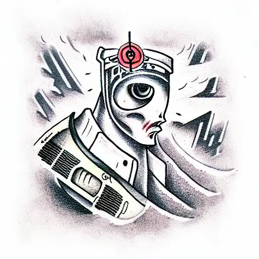 cybort in a desolate city, on his forehead he has a red eye tattoo design idea