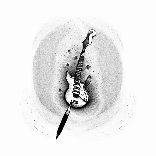 A dotwork tattoo of a paintbrush and a guitar intertwined tattoo design idea