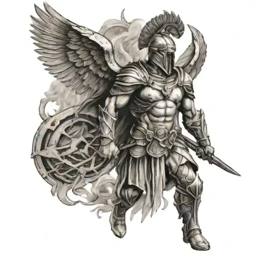 Spartan solider as archangel Michael tattoo design idea