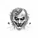 Joker from The Dark Knight in a card(joker) , shadowy, depressed, lots of back, with a quote tattoo design idea