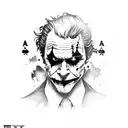 Joker from The Dark Knight in a card(joker) , shadowy, depressed, lots of back, with a quote tattoo design idea