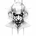 Joker from The Dark Knight in a card(joker) , shadowy, depressed, lots of back, with a quote tattoo design idea