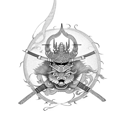 Standing Samurai Ronin Geisha Dragon Red Sun tattoo design idea