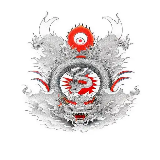 Standing Samurai Ronin Geisha Dragon Red Sun tattoo design idea