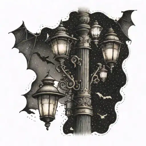 bats around lamp post  tattoo design idea