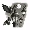 bats around lamp post  tattoo design idea