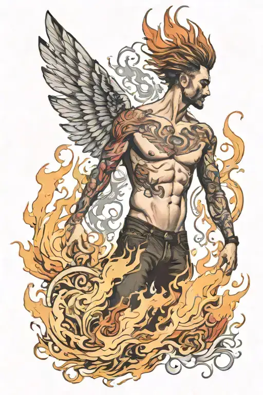 shirtless man wearing burnt jeans right side of body on fire with wings of flames and whole body surrounded by a phoenix tattoo design idea