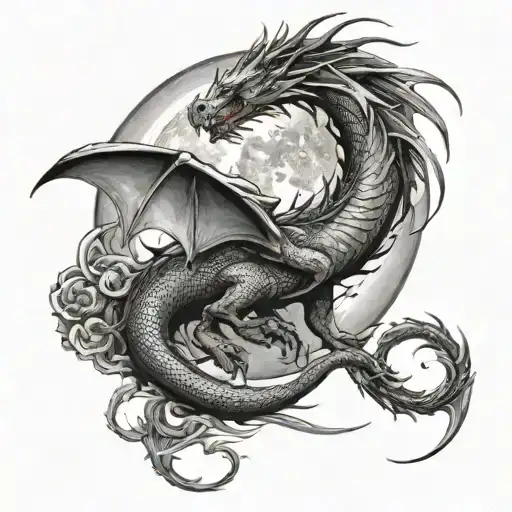 dragon bent with the moon tattoo design idea