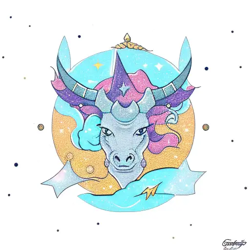 Zodiac dragon head in front of a taurus sign with stars and galaxies i. the background tattoo design idea