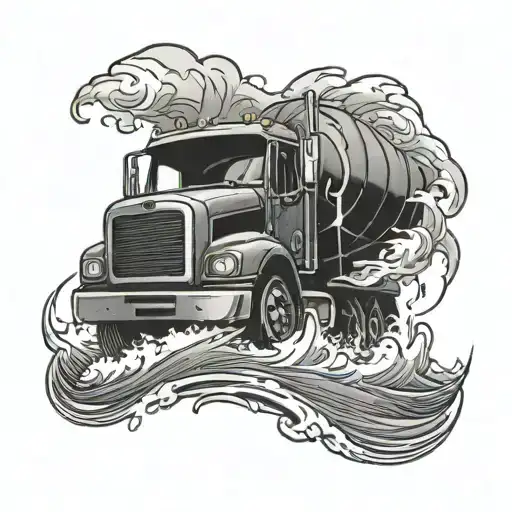 A black-grey tattoo of a truck driver navigating through a stormy sea, symbolizing the challenges faced in both professions tattoo design idea
