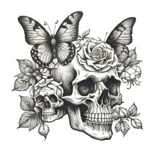 skull head flowers with moths vintage tattoo design idea