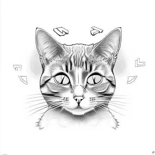 A new-school design of a cat with ouija board elements tattoo design idea