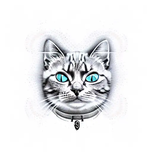 A new-school design of a cat with ouija board elements tattoo design idea