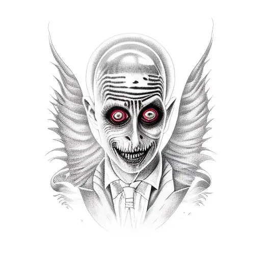 A realistic portrait of Beetlejuice with a gothic twist tattoo design idea